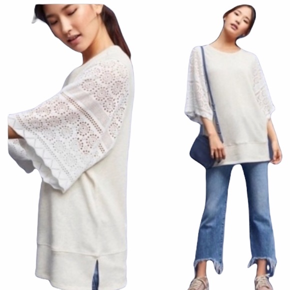 Anthropologie Akemi + Kin Eyelet Scalloped Lace Crochet Sweatshirt Tunic Top XS - Picture 2 of 14